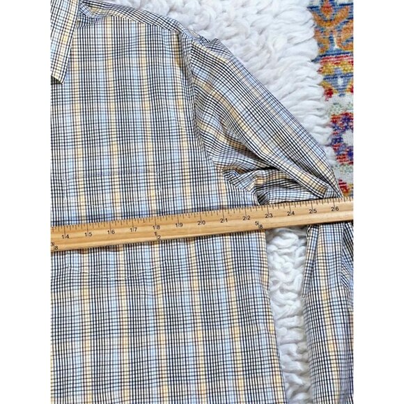 Tasso Elba Mens Shirts Lg 16-16.5 Blue Brown Button Up Plaid Contrast Cuff - Picture 3 of 8